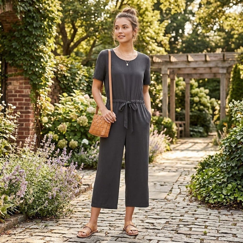 Eileen Fisher Silk Jumpsuit Charcoal Grey Short Sleeve Drawstring Waist S/P LUX